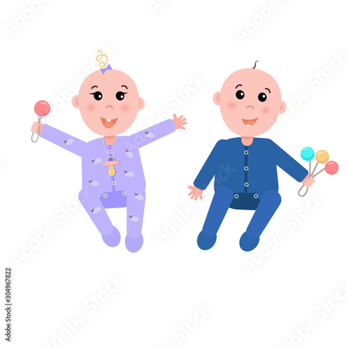 Two babies, a girl and a boy. Isolated on white background. Stock vector graphics.