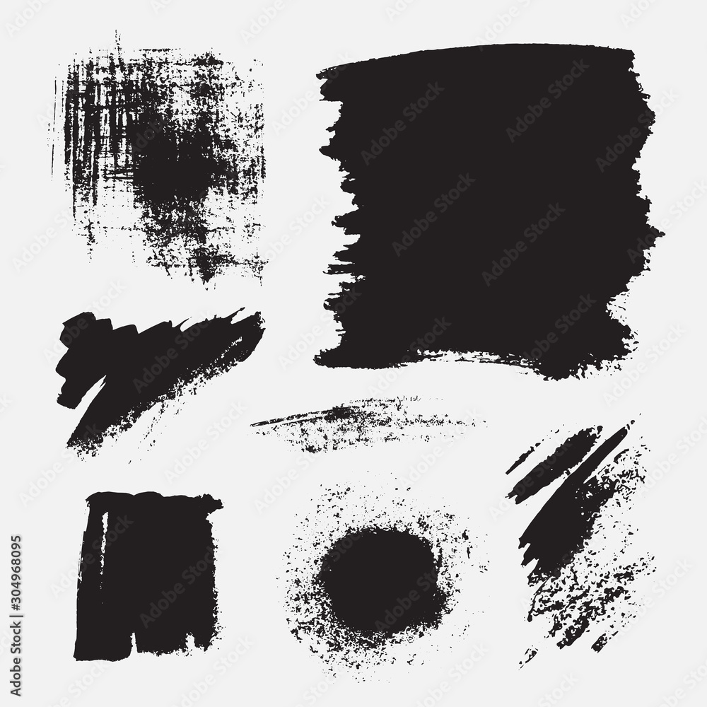 Monochrome abstract vector grunge textures. Set of hand drawn paint brush strokes and stains.