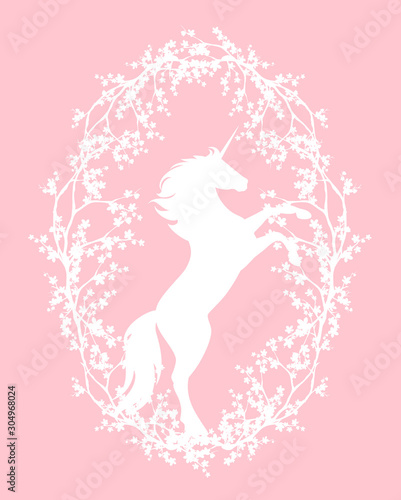 fairy tale unicorn in oval frame made of blooming sakura tree branches - spring season horse vector silhouette decor