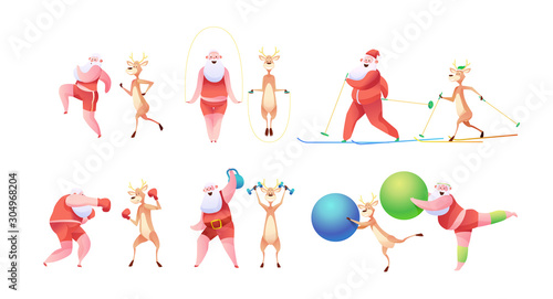 Vector funny santa and reindeer doing sport