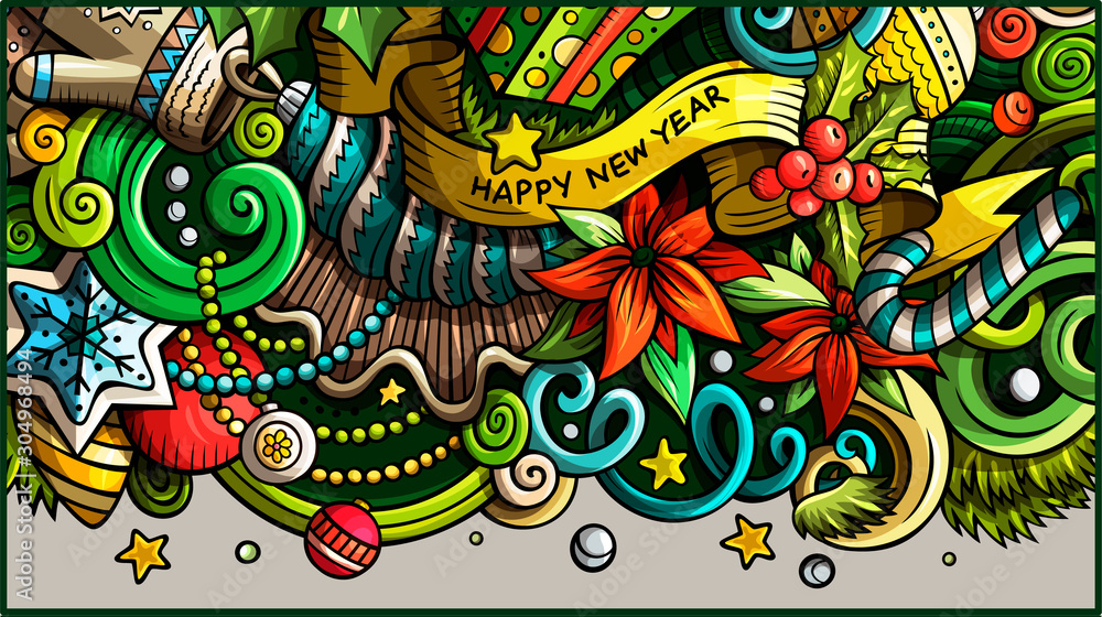New Year hand drawn doodle banner. Cartoon detailed flyer.