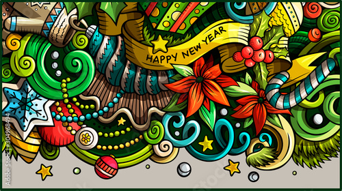 New Year hand drawn doodle banner. Cartoon detailed flyer.