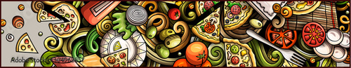 Pizza hand drawn doodle banner. Cartoon detailed flyer.