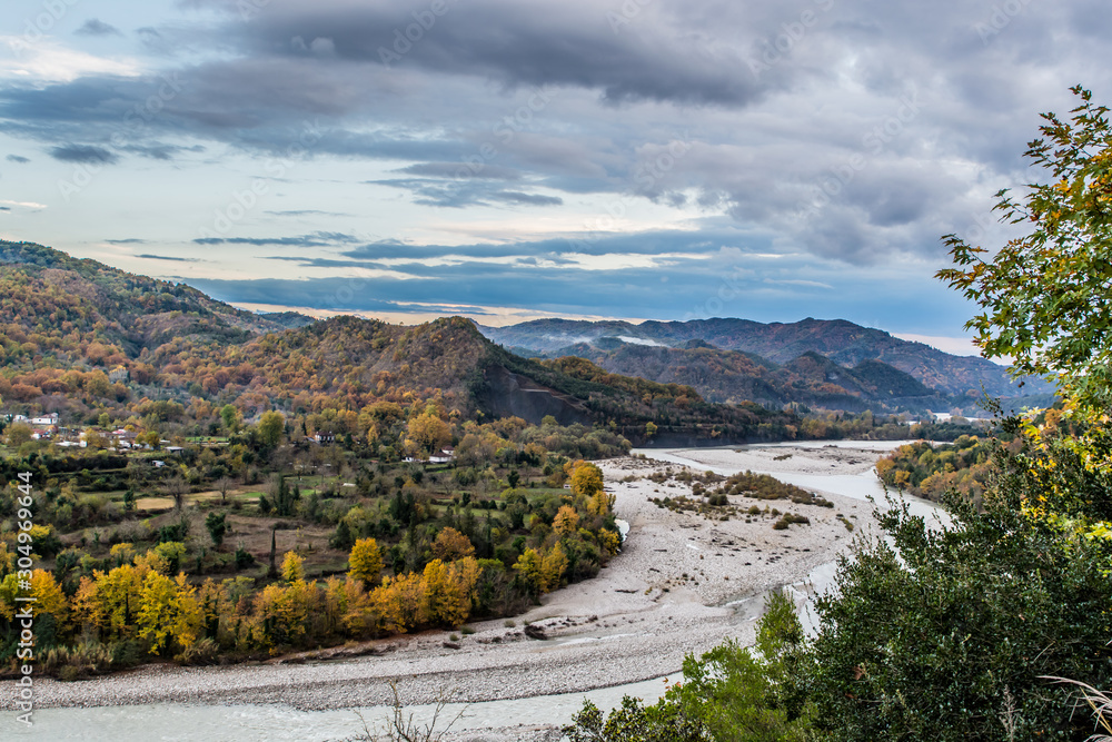 River arahthos in Tzoumerka Arta on cloudy day, Epirus, Greece