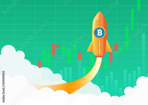 Bitcoin cryptocurrency concept. Hot temperature rocket with bitcoin symbol flying up. Green crypto market rising. New investments vector illustration