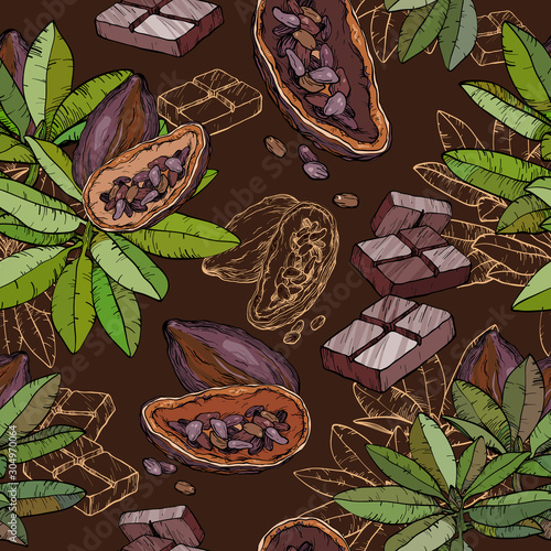 Samless pattern with cocoa butter and plant branch.