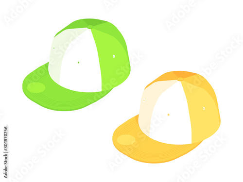 Green and yellow baseball caps. Vector isometric cap icon isolated on white background