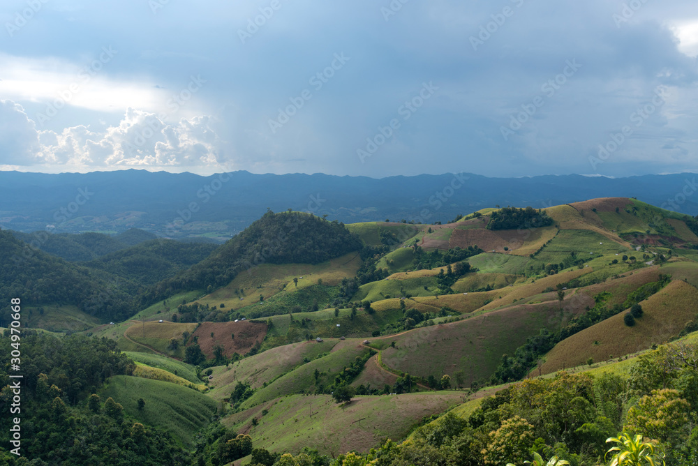 Landscape view of mountains in the north of Thailand with raining