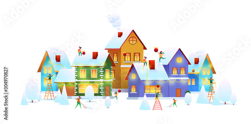 Fototapeta Naklejka Na Ścianę i Meble -  Vector winter city people decorate house christmas