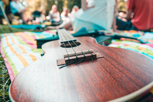 Ukulele in nature, concept of a fun musical weekend