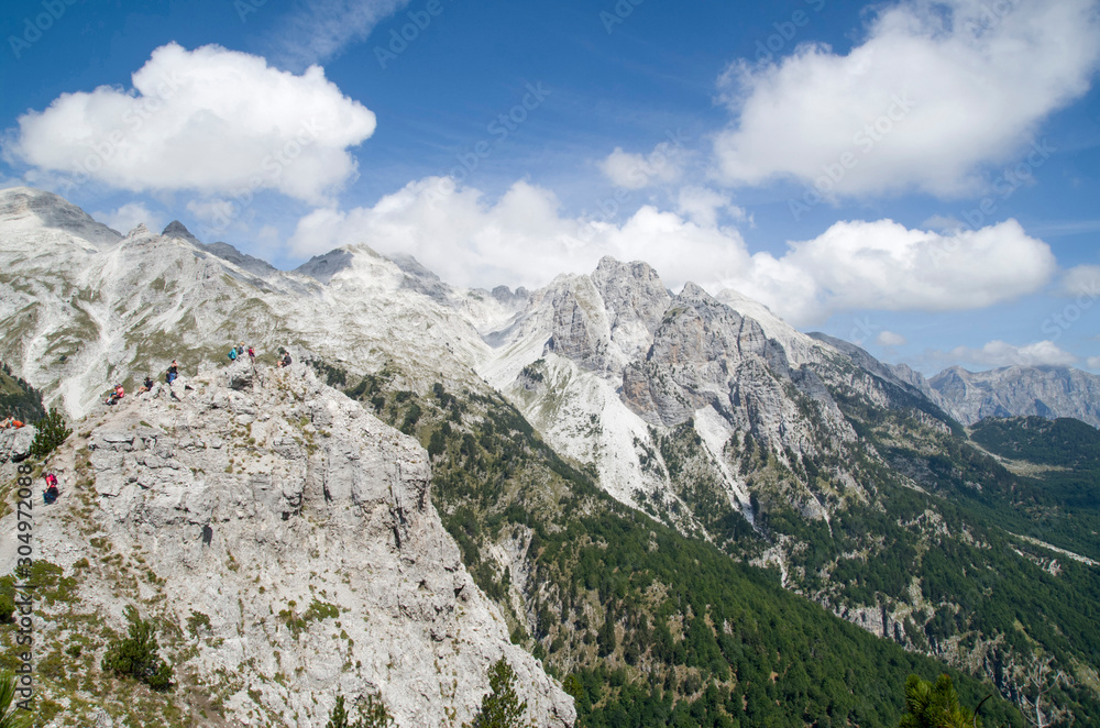 View of summit Jezerca in Albanian Alps from Valbona Pass during hike from Theth to Valbona View of summit Jezerca in Albanian Alps from Valbona Pass during hike from Theth to Valbona