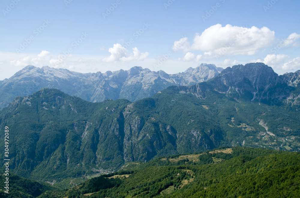 View of green valley Theth in Valbona Valley National Park, Albania, Europe View of green valley Theth in Valbona Valley National Park, Albania, Europe