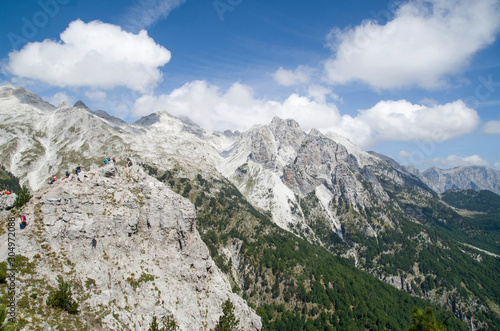 View of summit Jezerca in Albanian Alps from Valbona Pass during hike from Theth to Valbona