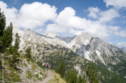View of summit Jezerca in Albanian Alps from Valbona Pass during hike from Theth to Valbona photo