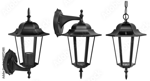 set of isolated classic street lamp. ceiling and wall munted lantern photo