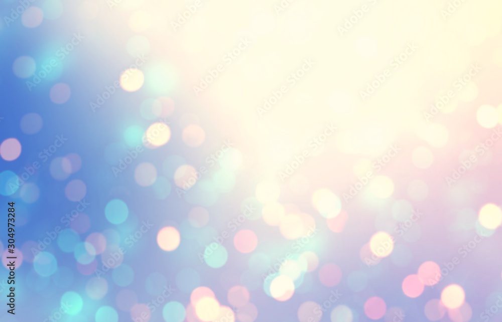 New Year glitter bokeh background. Abstract yellow blue pink blur template. Shiny confetti illustration.