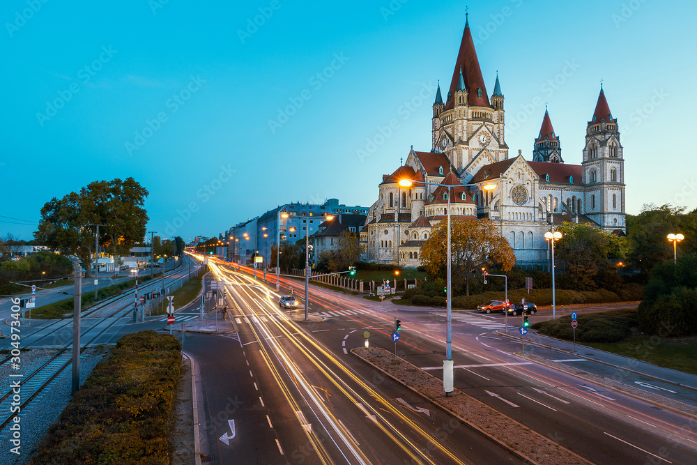 St. Francis of Assisi Church in Vienna evening view with traffic light trails