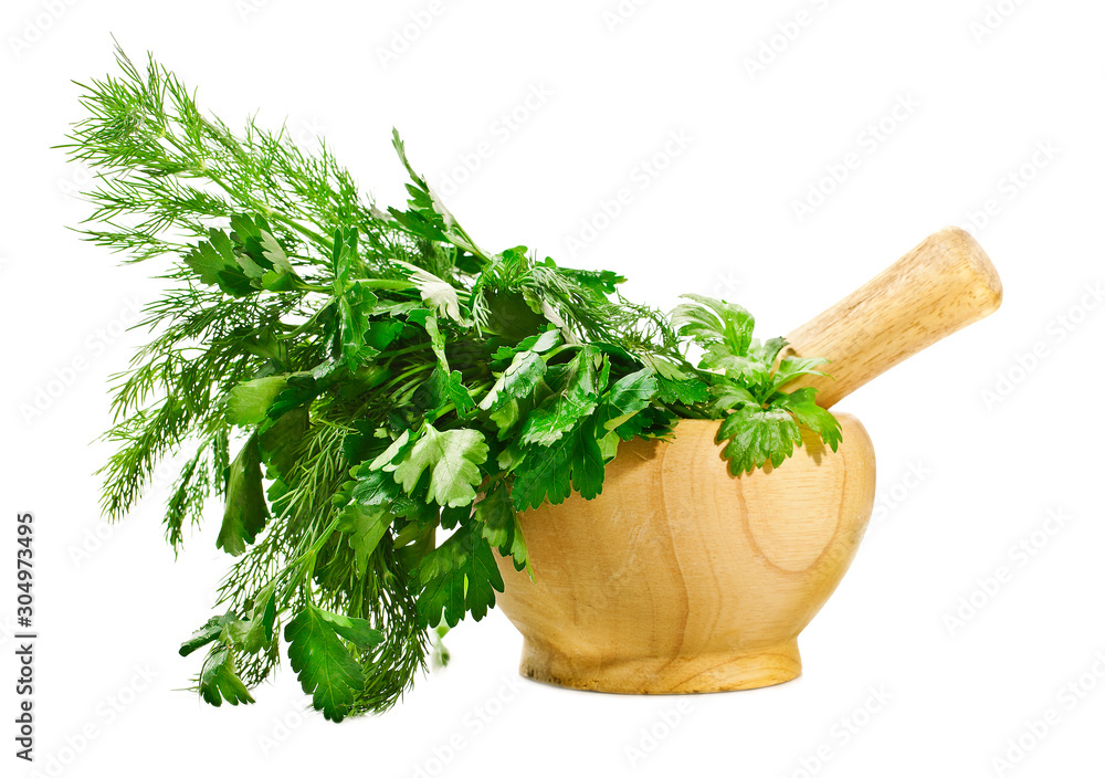 Mortar with herbs isolated on a white background.