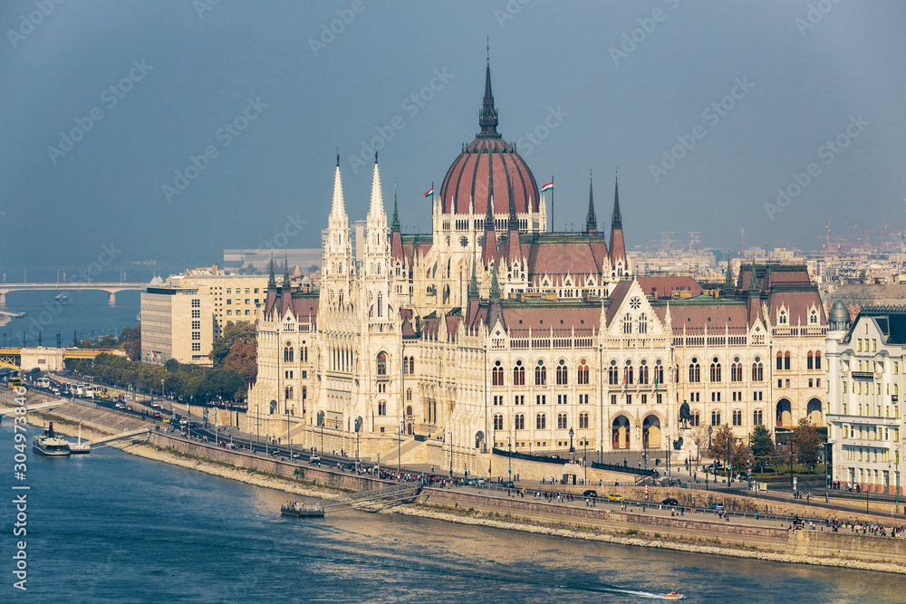 Hungarian Parliament building aerial view and Danube river embankment