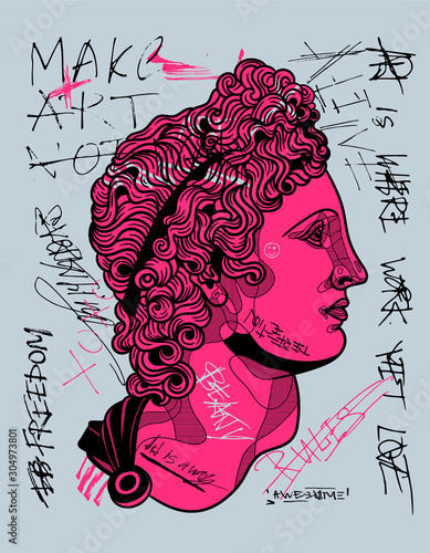 The Apollo Belvedere sculpture. Crazy pink calligraphy