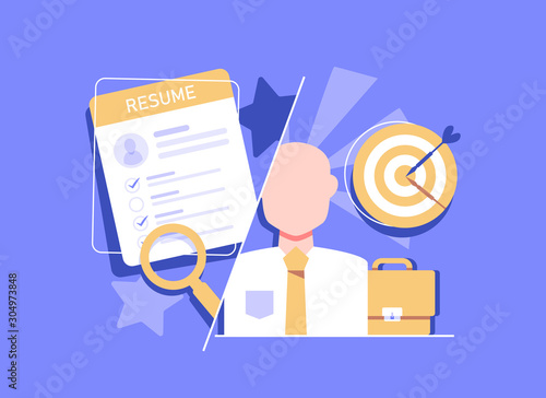 Concept Human Resources, Recruitment for web page, banner, presentation, social media, documents, cards, posters. Vector illustration filling out resumes, hiring employees, people fill out the form