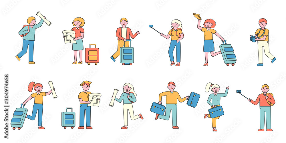 Tourists flat charers set. People with luggage. Going on vacation . Cheerful holidaymakers with maps planning trips, finding routes. Traveler with photo camera taking pictures