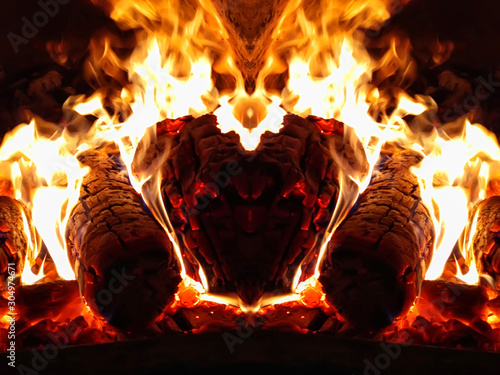 Fascinating primeval appeal of fire and symmetry: a fantastic animal, a fiery monster, a fire-breathing dragon. Direct and mirror photo of burning firewood in a firebox.