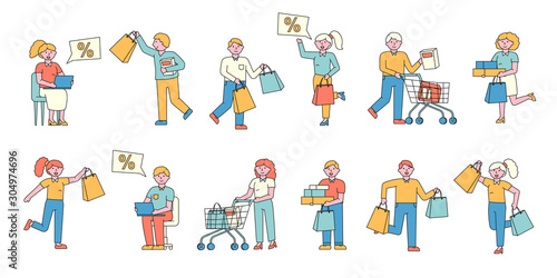 Shoppers flat charers set. Happy people, shopaholics buying goods and gifts on sale cartoon illustrations pack. Product purchase. Online shopping discount offers. Buyers with supermarket carts