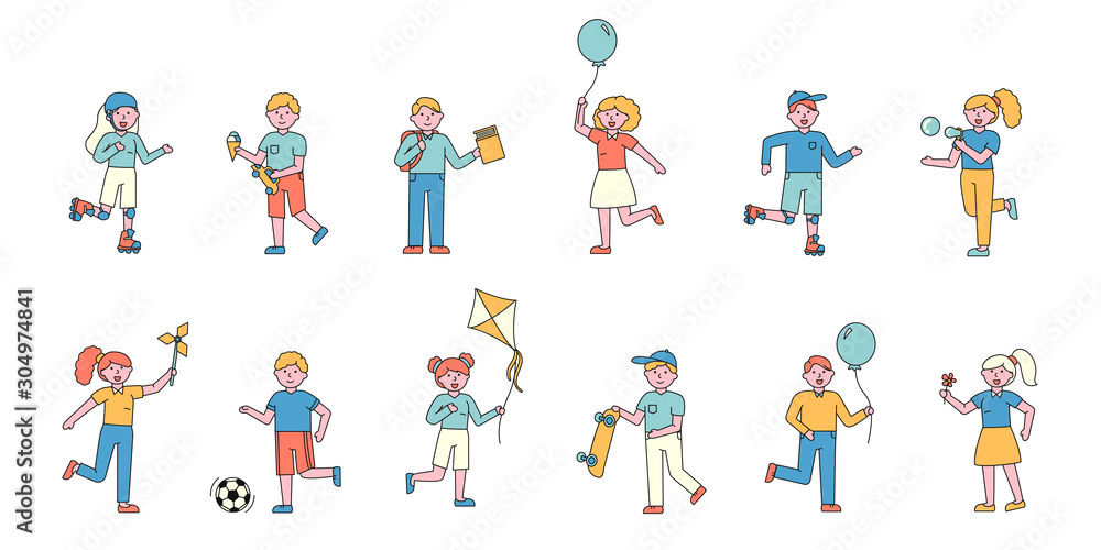 Children having fun flat charers set. Smiling people with balloons cartoon illustrations. Playing football. Kid roller skating, eating ice cream. Happy childhood ivities, outdoor recreation