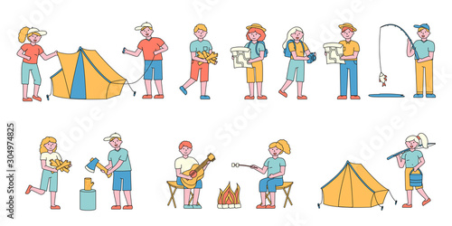 Campers, travelers flat charers set. People enjoying countryside recreation. Tent unfolding. Chopping wood, fishing fun. Romantic rest with singing songs and baking marshmallow near campfire
