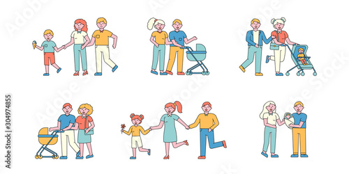 Family pastime flat charers set. People walking outdoors cartoon illustrations pack. Parents and kid stroll in fresh air. Walking with baby carriage. Happy parenting experience, family bonding