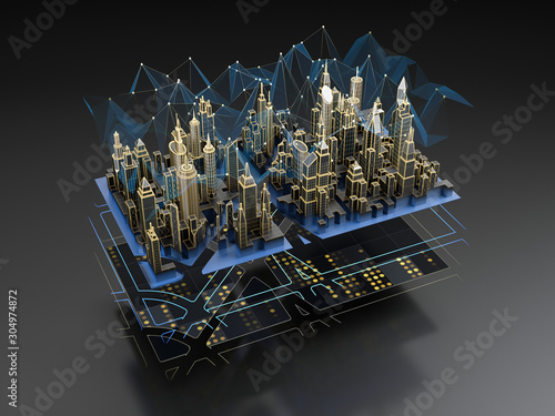 Futuristic layers of the digital city - engineering сommunication, transport infrastructure, wireless, smart technology. 