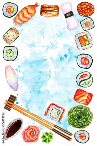 Watercolor vertical composition with traditional Japanese food