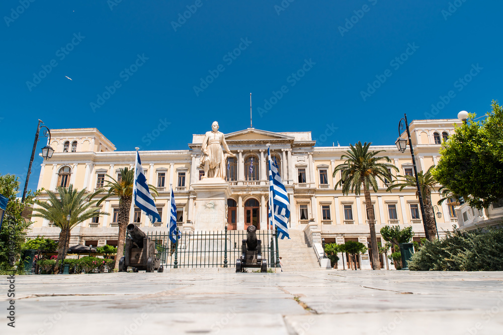 Town hall at the capital of Syros island, Ermoupoli at Cyclades, Greece