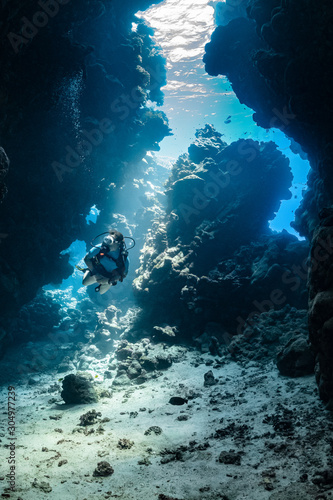 woman diver visiting underwater cave in the Red Sea  egypt  Shaab Claude
