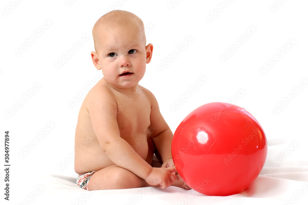 Small plump baby paly the red toy ball Small plump baby paly the red toy ball