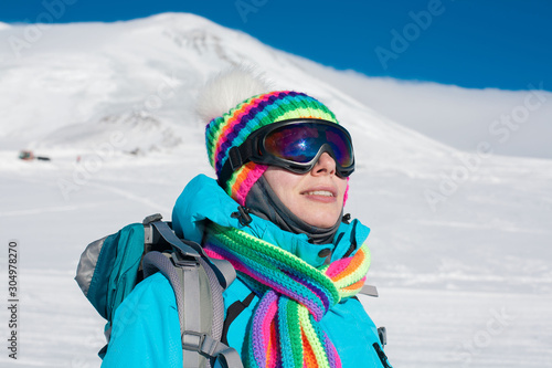 Woman, snowboard winter, goggles