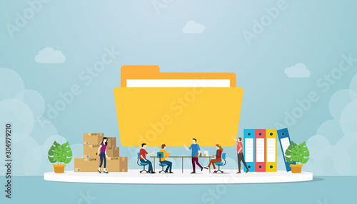 files management concept with team people in office manage and prepare data with big folder icon with modern flat style - vector
