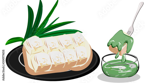 Thai desserts, steamed buns and Pandan custard (Srikaya), food ingredients from Pandan, coconut milk, milk and sugar, and Asian desserts