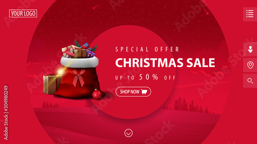 Special offer, Christmas sale, up to 50% off, beautiful pink modern discount banner with big decorative circles, winter landscape on background and Santa Claus bag with presents
