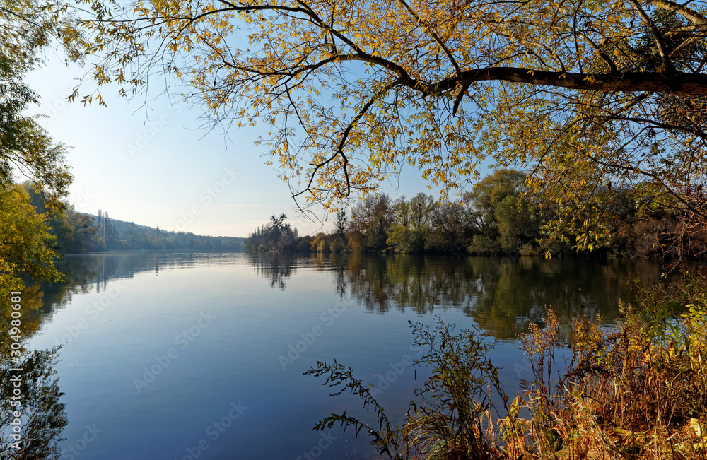 Seine river bank in autumn season. French Vexin regional nature park