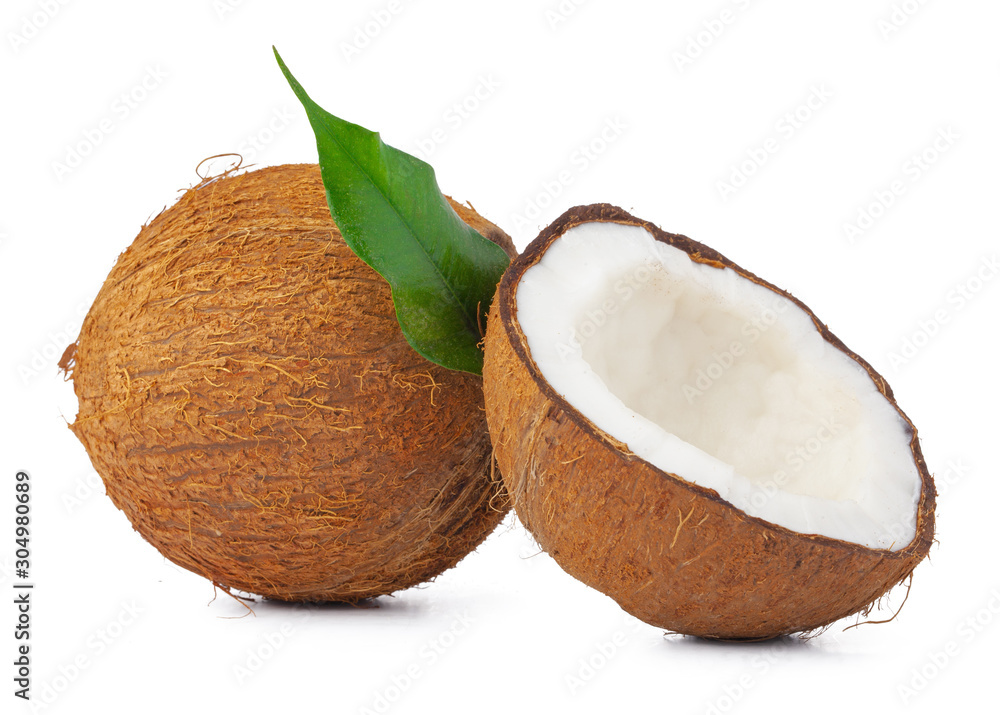 Cracked coconut with leaves isolated on white background Cracked coconut with leaves isolated on white background