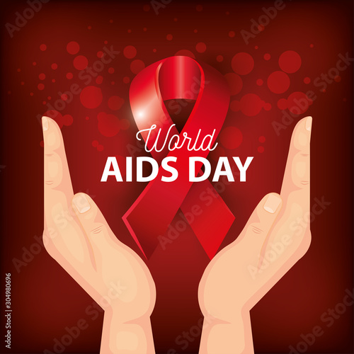 poster world aids day with hands and ribbon design