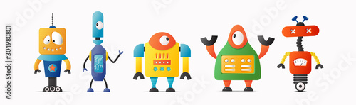Set of cute vector robot characters for kids. Future robotics and artificial intelligence