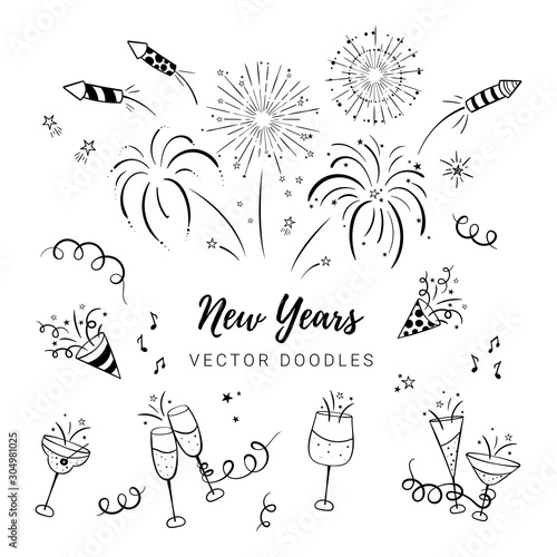 Fun hand drawn New Years Party doodles - firework, paper streamers, cocktails and rockets , great for banners, wallpapers, textiles, wrapping - vector design