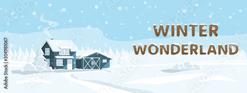 House in a snowy forest. Winter wonderland. Vector banner template	