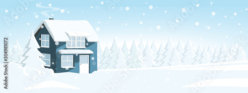House in a snowy forest. Winter wonderland. Vector banner template	