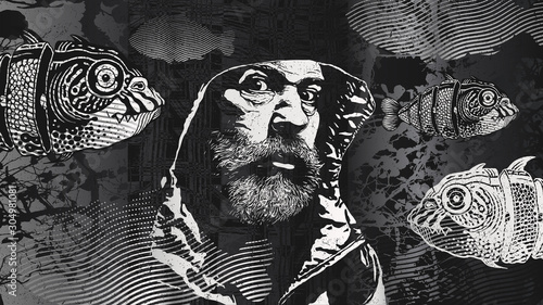 Surreal Design With Old Bearded Man, Fishes And Branches Silhouettes. Hand Drawn Background In Engraving Style. aspect ratio 16:9. vector illustration
