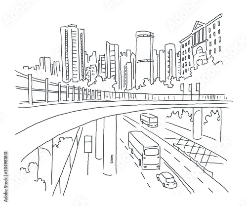 City sketch. Building architecture landscape panorama. Skyscrapers view. Street, road. Highway, transport. Hand drawn black line.
