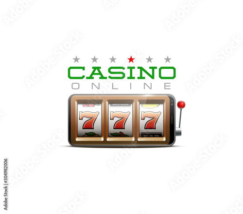 Illustration banner of mobile online casino application with 777 big win slot machine. Realistic advertising poster with online mobile app casino and Jackpot 777. Play now in One Armed Bandit banner